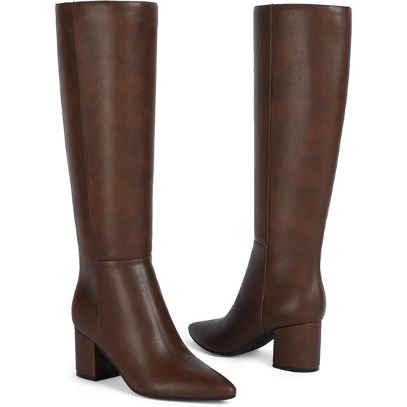 Women's Retro Brown Chunky Heel Knee High Pointed Toe Side Zipper Long Boots - Picture 5 of 7